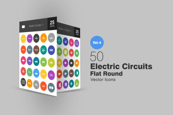 50枚电路线路板主题扁平风圆形图标 50 Electric Circuits Flat Round Icons
