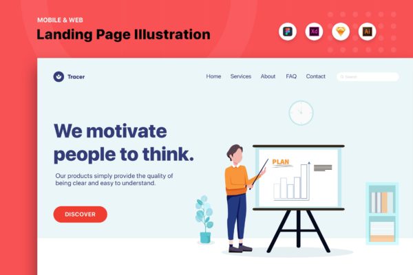 商业计划主题网页Banner&着陆页设计矢量插画v2 Businessman Presenting Plan – Web Header