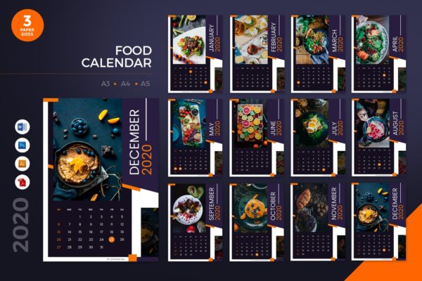 餐厅日历定制设计2020年日历表设计模板 Food Restaurant 2020 Calendar – AI, DOC, PSD