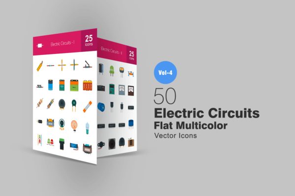 50枚电路线路板主题扁平化彩色矢量图标 50 Electric Circuits Flat Multicolor Icons