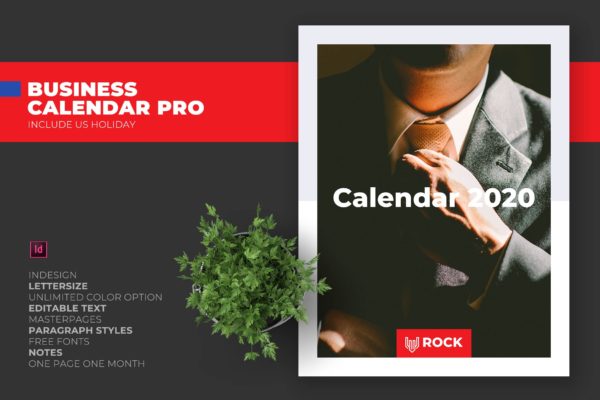 简约商务设计风格2020年日历表设计模板v1 2020 Clean Business Calendar with US Holiday