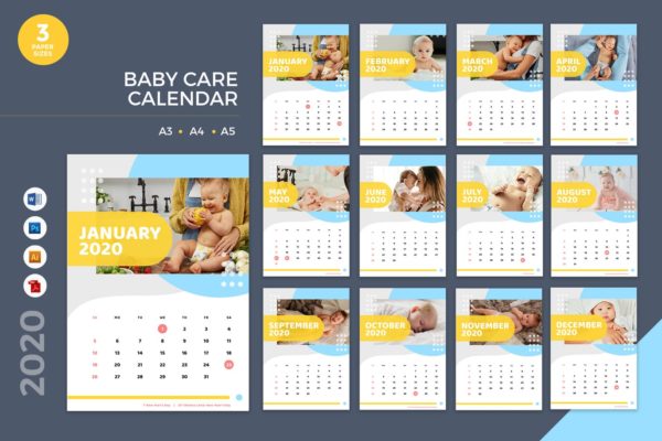 婴儿护理主题2020年日历表设计模板 Baby Care Calendar 2020 Calendar – AI, DOC, PSD