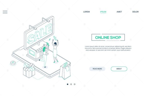 网上购物主题线条艺术设计风格网站Banner设计插画素材 Online shop – line design style isometric banner