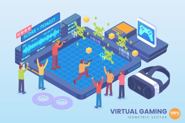 虚拟游戏技术等距矢量概念插画素材 Isometric Virtual Gaming Technology Vector Concept