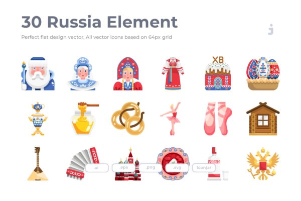 30枚扁平设计风格俄罗斯民族元素矢量图标 30 Russia Element Icons – Flat