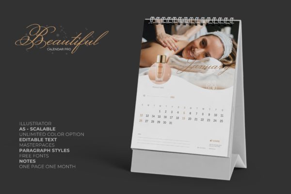 2020年美容行业定制竖版活页台历设计模板 2020 Clean Creative Beauty Calender Pro