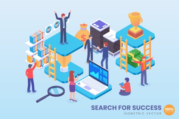 寻求成功主题等距矢量概念插画素材 Isometric Search For Success Achievement Vector