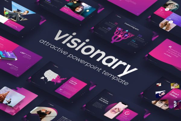 女性品牌时尚配色主题设计PPT模板 Visionary – Attractive PowerPoint Design