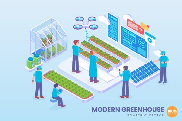 现代温室科技技术主题等距矢量概念插画素材 Isometric Modern Greenhouse Technology Vector