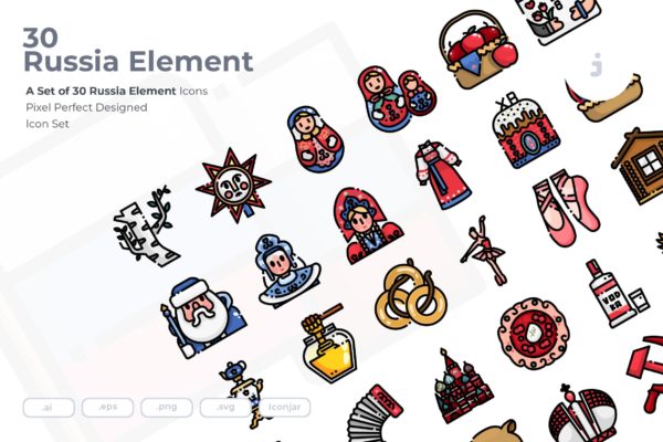 30枚彩色俄罗斯民族元素矢量图标 30 Russia Element Icons