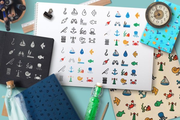 海洋主题图标＆图案背景纹理 Sea Icons and Patterns Set
