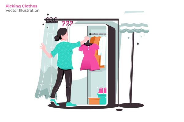 服装选购人员人物形象矢量插画素材 Picking Clothes – Vector Illustration