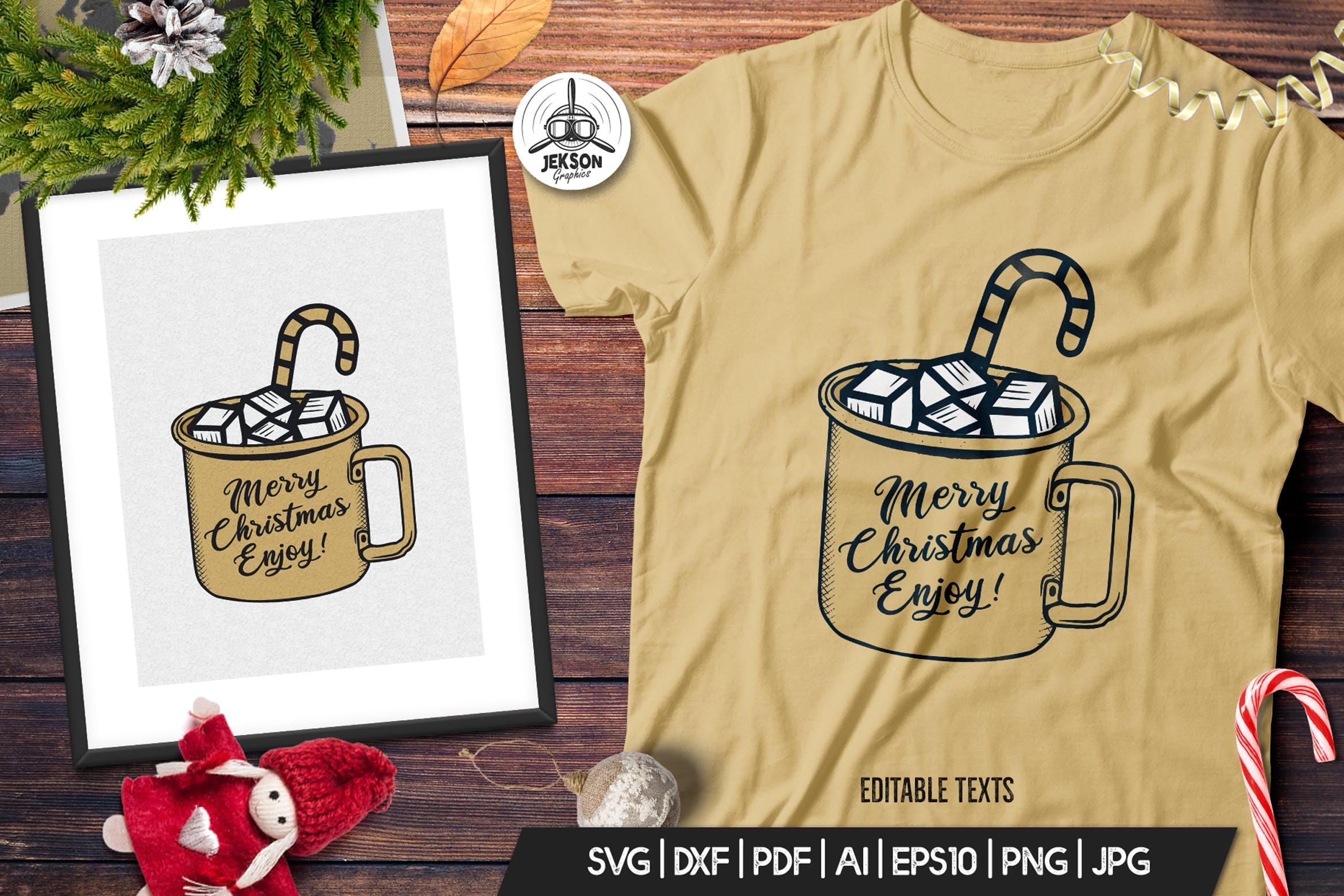 圣诞节主题马克杯手绘图案T恤印花设计素材 Christmas Mug T-Shirt. Vector Print, Holiday SVG