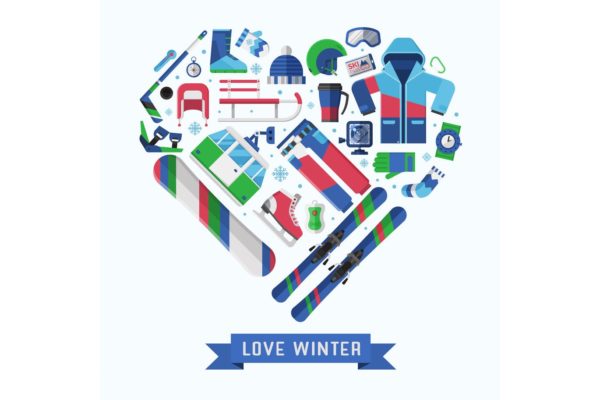 冬季运动主题扁平设计风格心形矢量插画 Love Winter Sports Heart Print