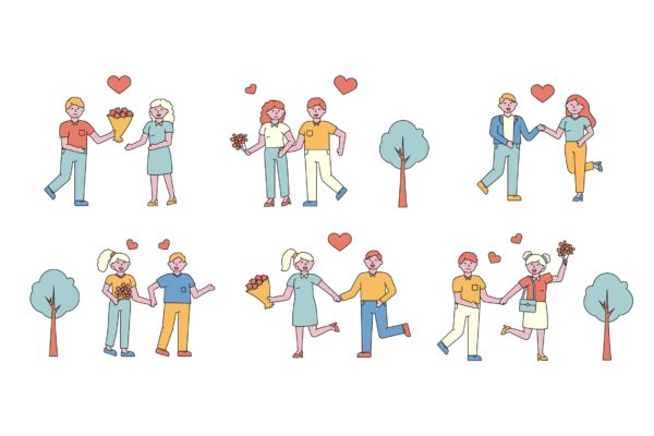 情侣爱情主题人物形象线条艺术矢量插画素材 Romantic Lineart People Character Collection
