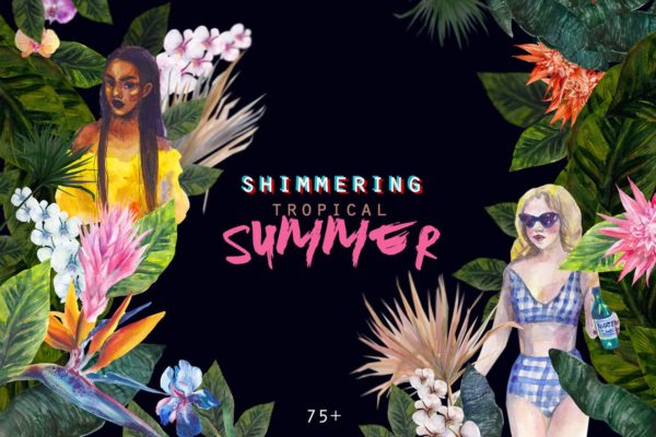 热带夏季主题水彩手绘图案套装 Tropical summer watercolor set