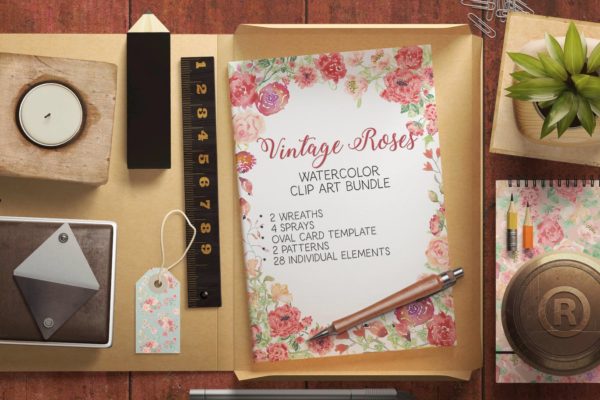 复古风格水彩玫瑰图案剪贴画素材 Vintage Roses Watercolor Clip Art Bundle