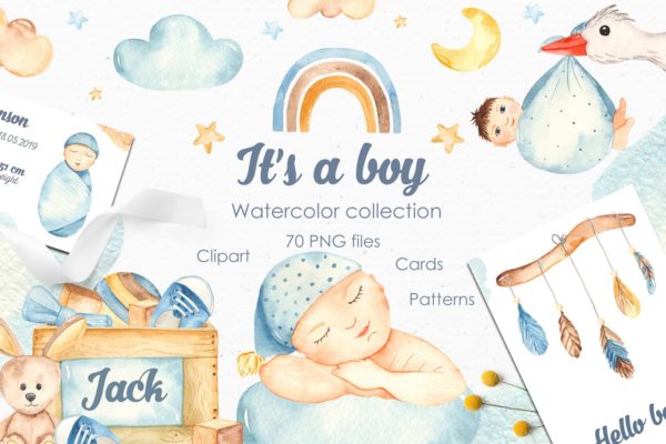 男新生儿婴儿水彩手绘矢量剪贴画/卡片/无缝图案背景素材 It’s a boy watercolor clipart, cards, patterns