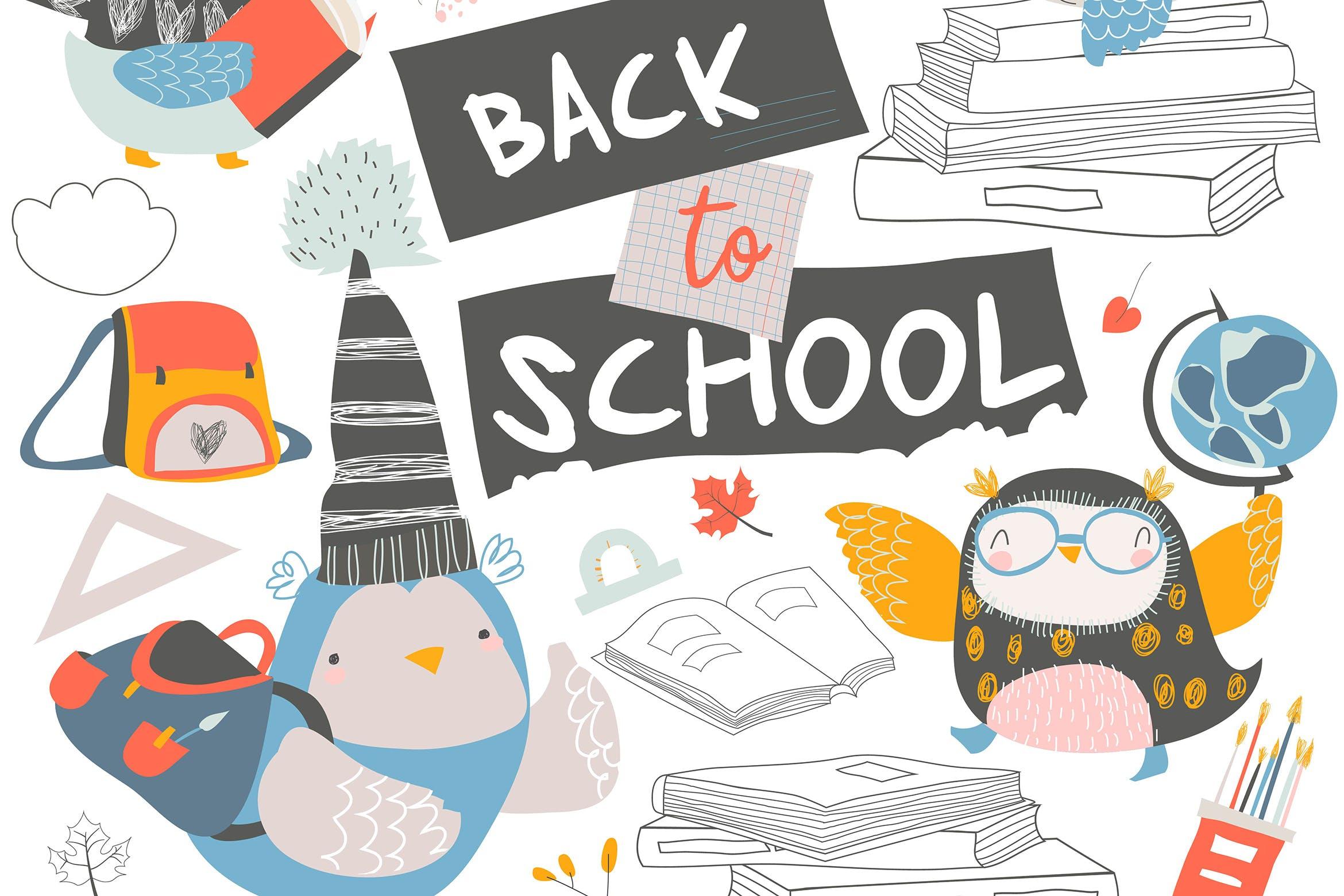 可爱卡通猫头鹰矢量手绘图案开学季设计素材 Set of cute owls with books. Back to school.