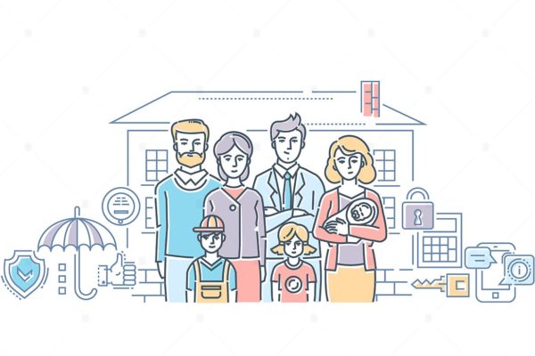 线条设计风格家庭保护主题矢量插画 Family protection – line design style illustration