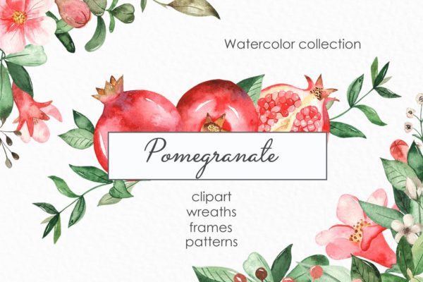 水彩石榴剪贴画/花框/花环设计素材 Watercolor pomegranate. Clipart, frames, wreaths
