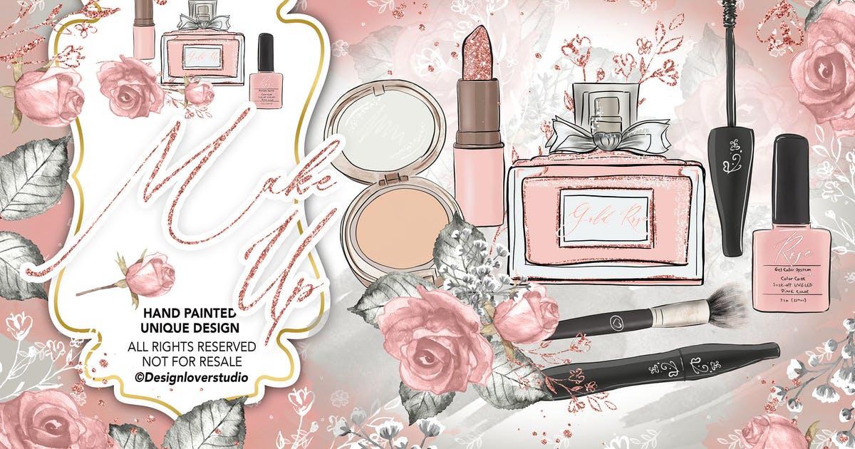 护肤品/化妆品水彩插画设计素材 Make up design