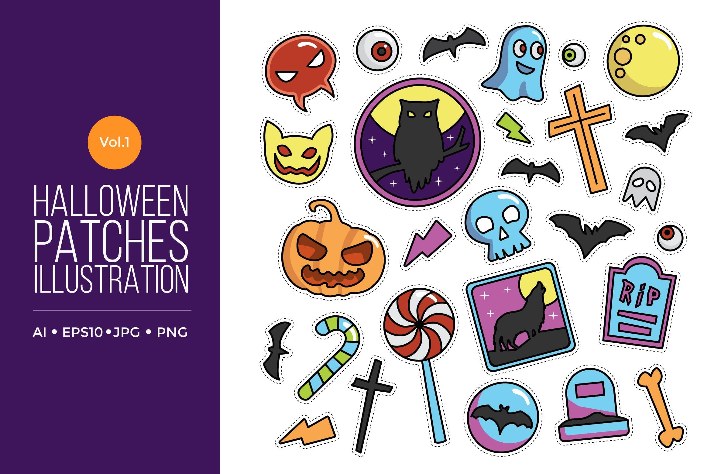 可爱风格万圣节贴纸图案矢量图形素材v1 Cute Happy Halloween Patches Vol.1