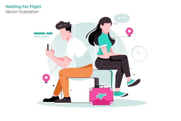 候机人员人物形象矢量插画素材 Waiting Flight – Vector Illustration