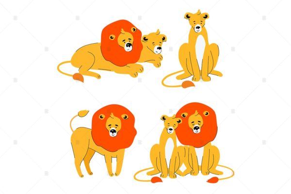 可爱狮子卡通动物扁平设计风格矢量插画 Cute lion and lioness – flat design characters