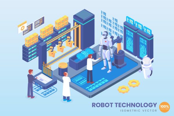 机器人开发技术主题等距概念矢量插画 Isometric Robot Development Technology Vector