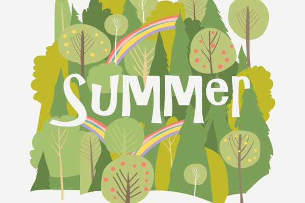 夏天森林背景矢量手绘图案素材 Vector cartoon summer forest with rainbow on white