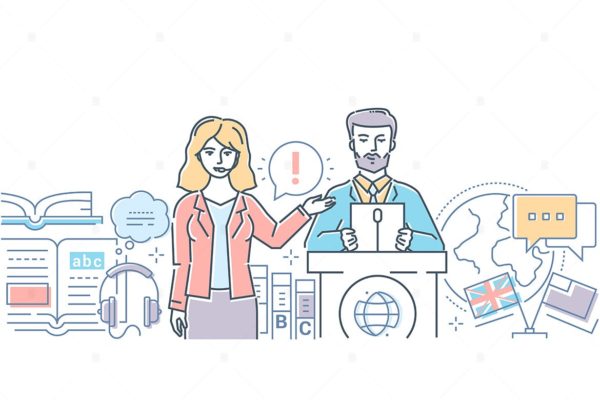 现场翻译主题线条设计风格矢量插画 Translation – modern line design style web banner