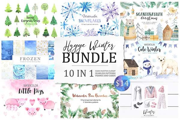 手绘可爱的冬季水彩素材合辑下载 BUNDLE Winter Hygge Watercolor Kit [png,jpg] 1.30 GB