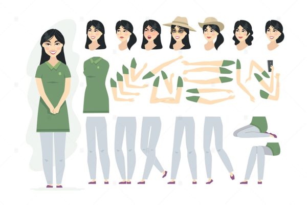 中国女人卡通人物形象矢量插画 Chinese woman – cartoon character constructor