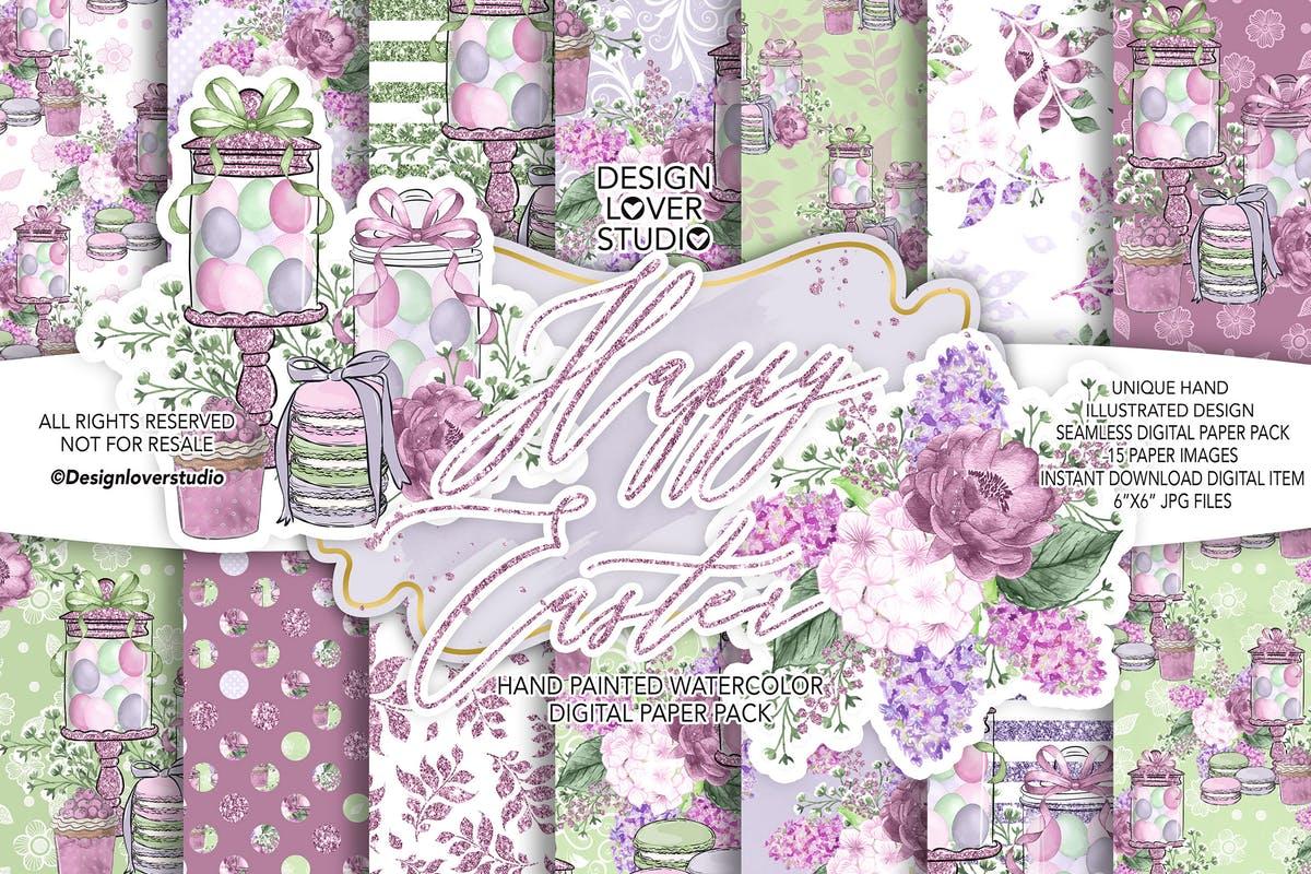 快乐复活节紫色水彩花卉剪贴画素材 Happy Easter digital paper pack