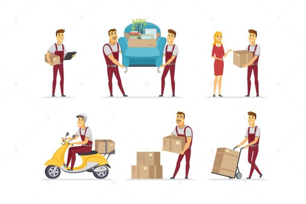 送货和搬家服务卡通人物矢量设计素材 Delivery and moving service – cartoon characters