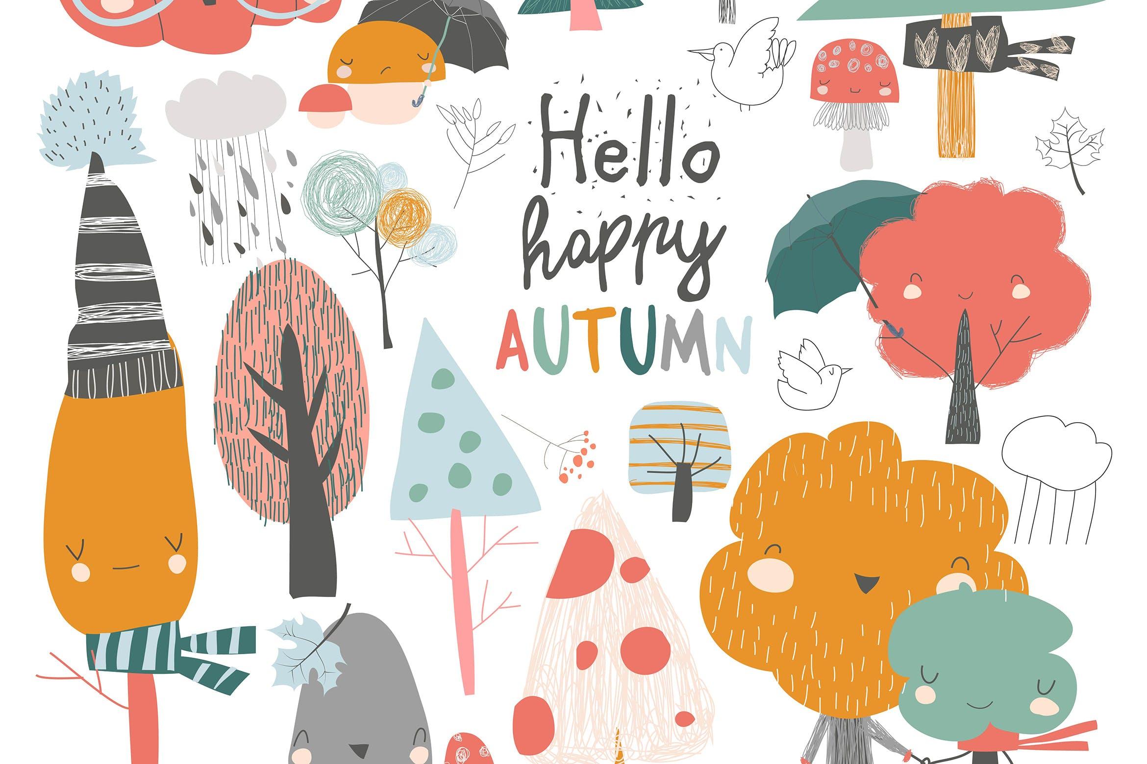 色彩缤纷的秋季元素矢量插画素材 Colorful autumn trees. Cartoon yellow orange autum