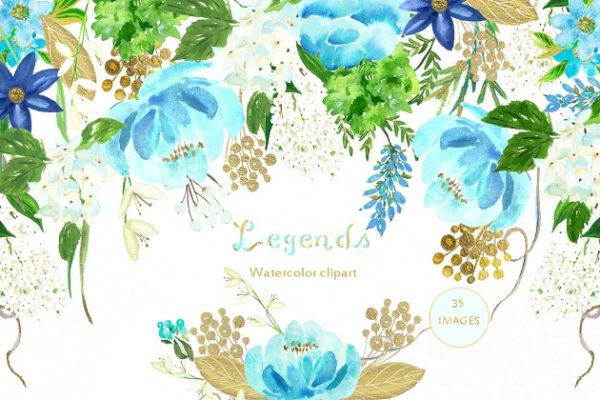 金色和蓝色水彩花卉插画 Gold & ligh blue. Watercolor flowers