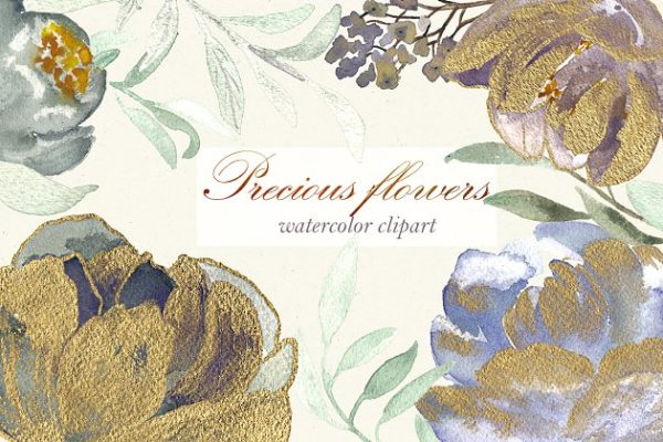 奢华手绘水彩黄金牡丹剪贴画 Precious flowers. Watercolor gold