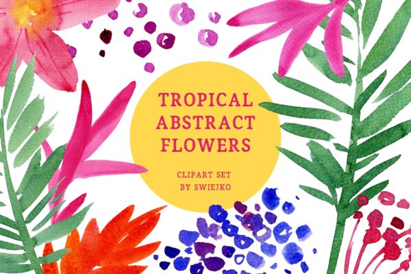 热带水彩花卉手绘剪贴画PNG素材 Tropical Abstract Flowers