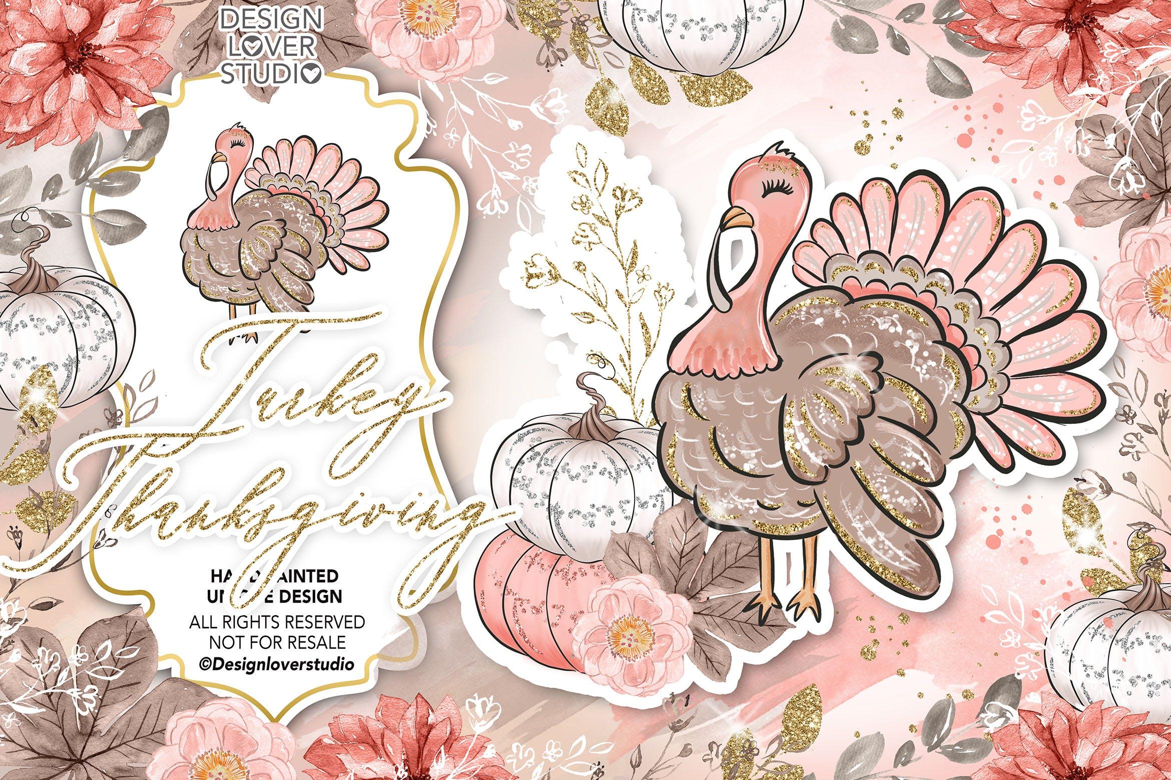 感恩节主题火鸡手绘图案数码纸张背景 Turkey Thanksgiving design