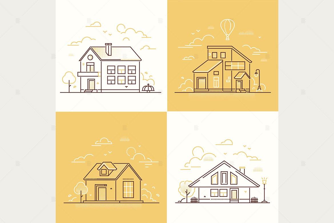 城镇建筑线条设计风格插画素材 Town buildings – line design style illustrations