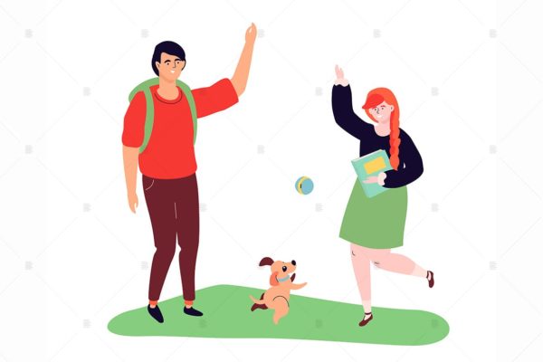 遛狗之人主题扁平设计风格矢量插画 Teenagers playing with a dog – flat illustration