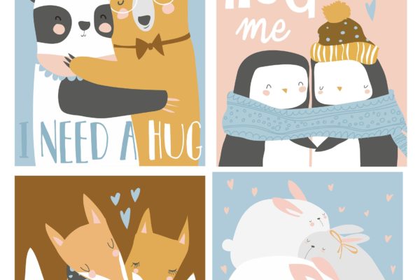 彩色卡通动物拥抱矢量插画素材 Vector set of colored cartoon animals hugging
