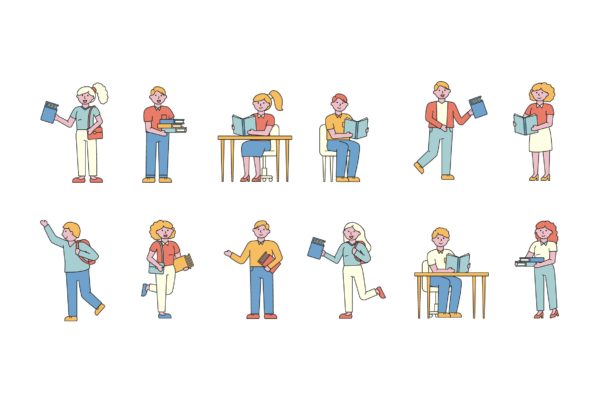 学生人物形象线条艺术矢量插画素材 Students Lineart People Character Collection