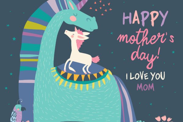 可爱的独角兽宝宝&妈妈矢量手绘插画 Cute Small Unicorn with Mom. Vector Illustration.