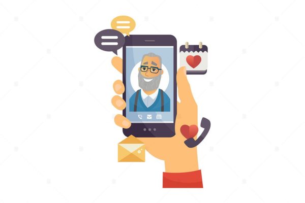 手机来电视频通话彩色矢量插画 Grandfather calling – colorful illustration