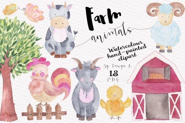 农场牧场动物水彩插画套件 Farm Animals Big Watercolor Set