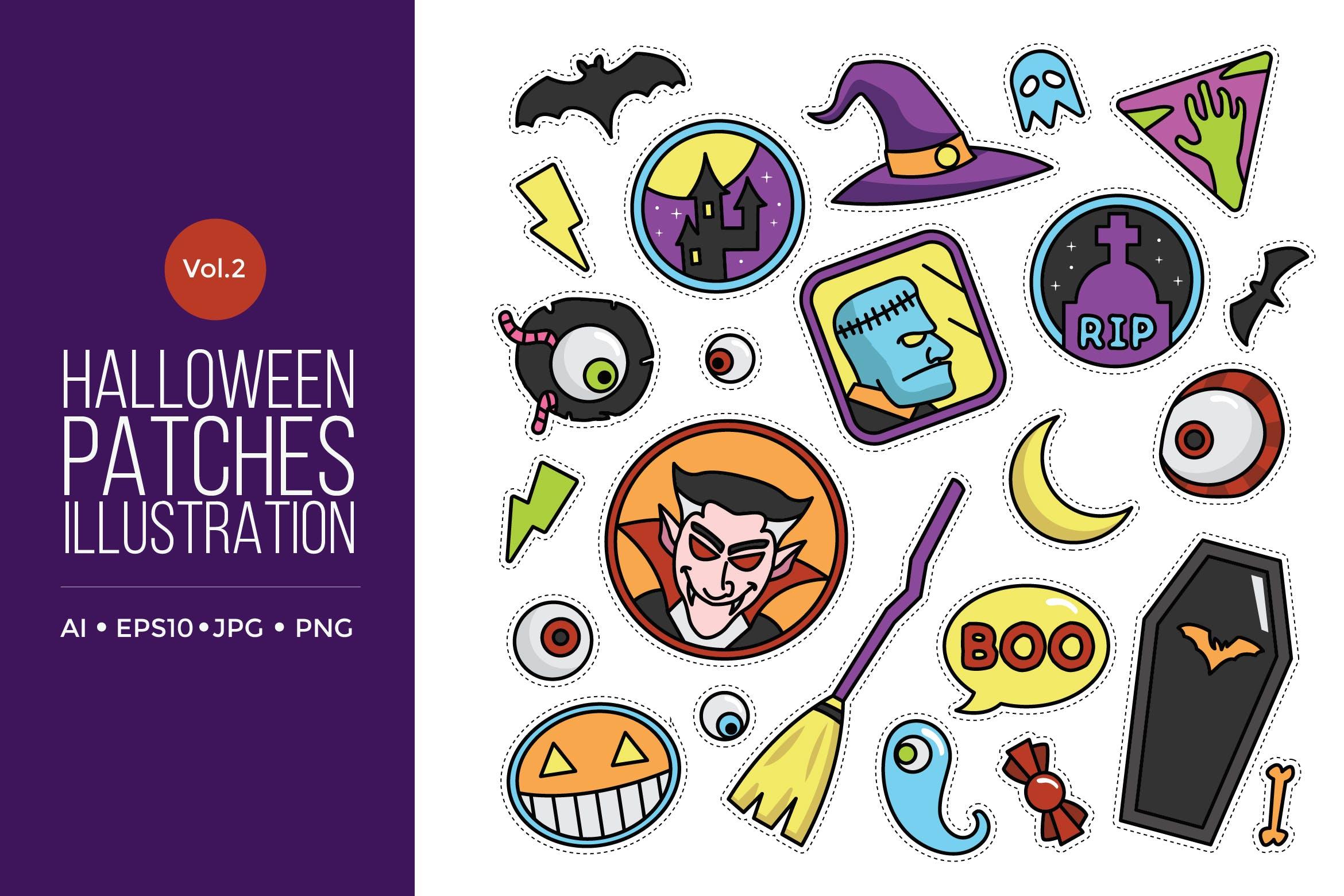 可爱风格万圣节贴纸图案矢量图形素材v2 Cute Happy Halloween Patches Vol.2