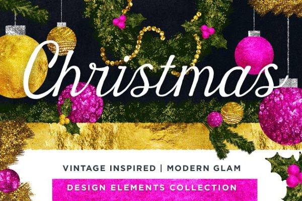 经典华丽圣诞节手绘元素插画 Hand Drawn Christmas: Vintage + Glam